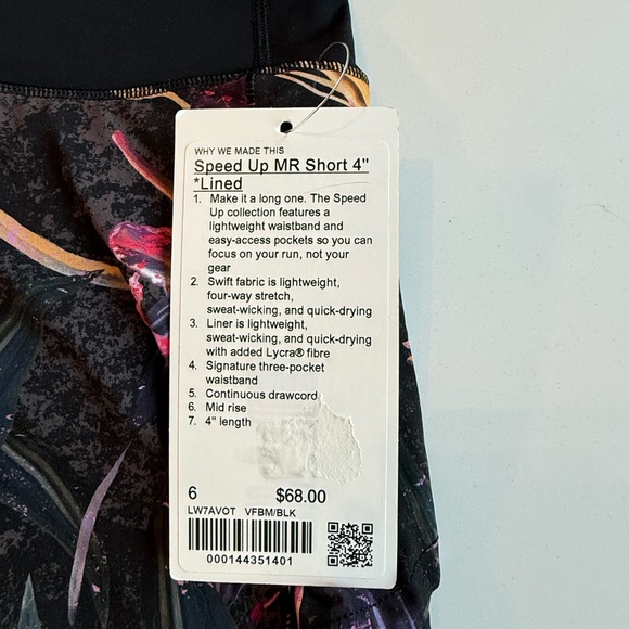 Lululemon Speed Up Mid Rise Short 4 inch length - size 6 - floral black multi - Picture 6 of 6